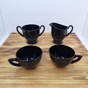 Vintage Black Amethyst Open Sugar And Creamer Set W/‎ 2 Cups 4pc Lot
